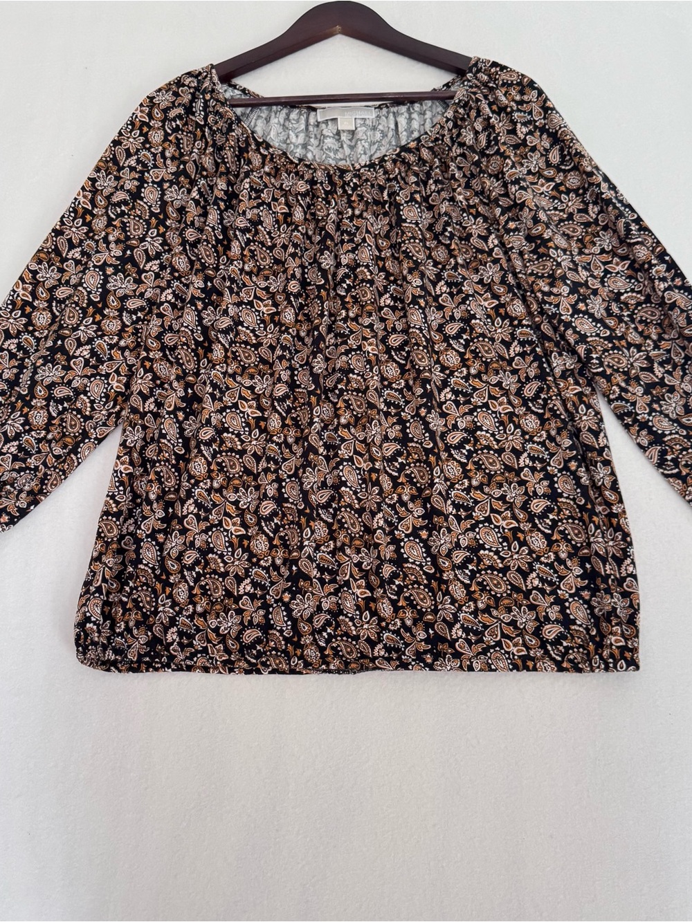Michael Kors Black Paisley Puff-Sleeve Blouse with Taupe Accents